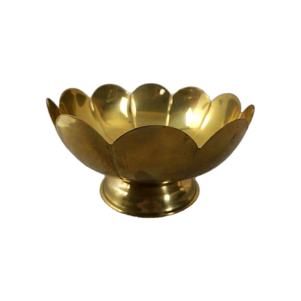 Solid Brass Scalloped Planter Bowl 8" Made in India Pedestal Centerpiece VTG